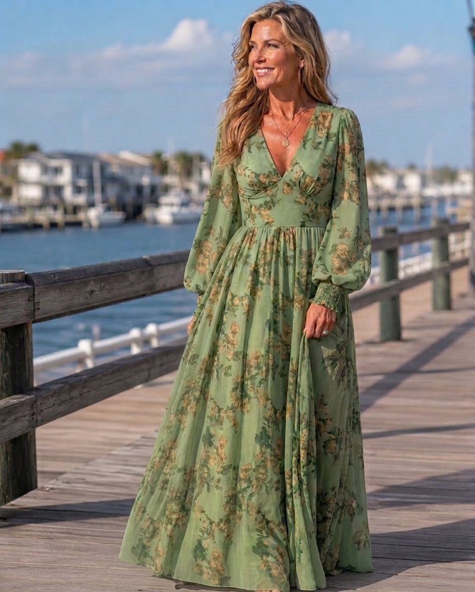 Floral Deep V-Neck Long Sleeve Smocked Cuff Maxi Dress