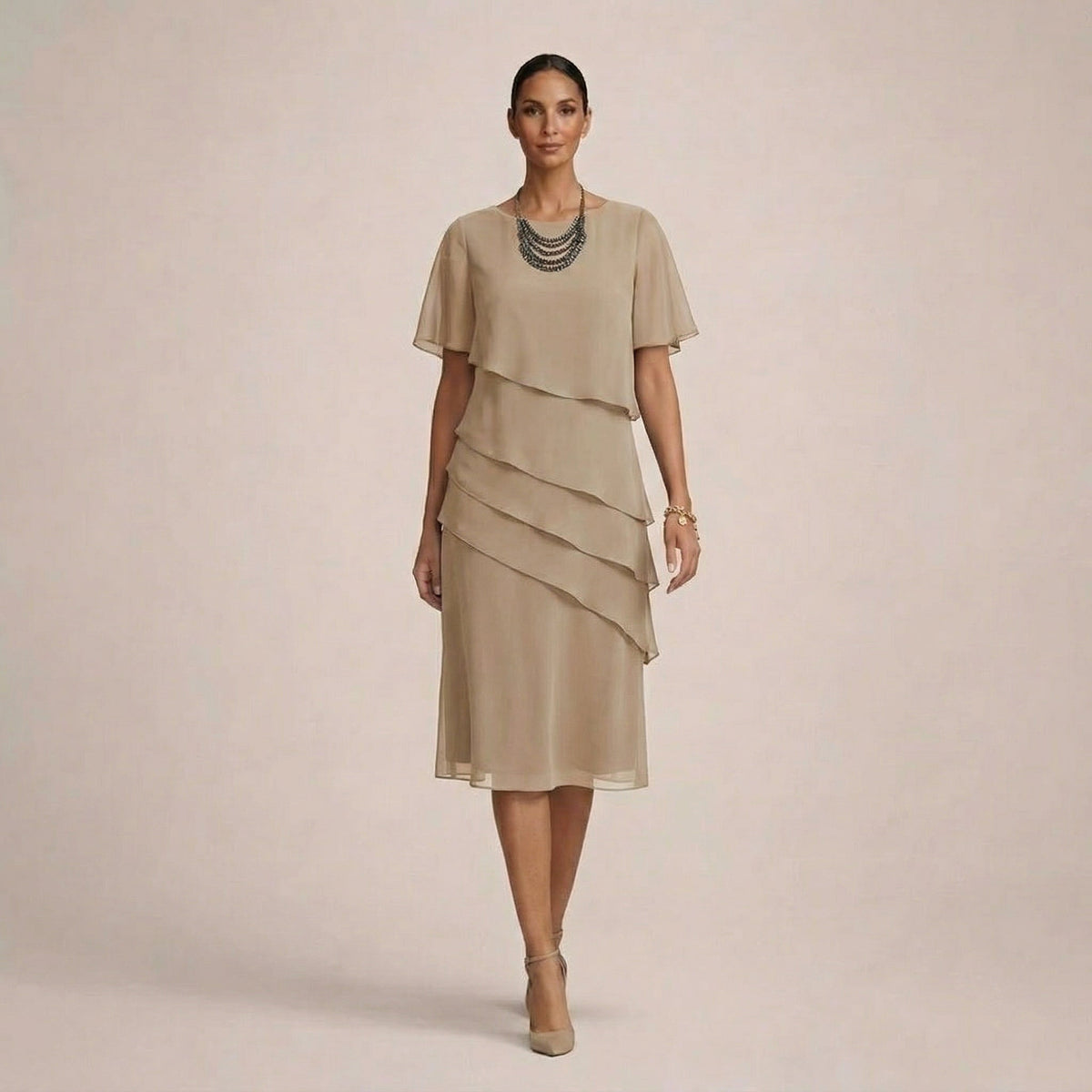 Round Neck Flutter Sleeve Tiered Ruffle Chiffon Midi Dress 5