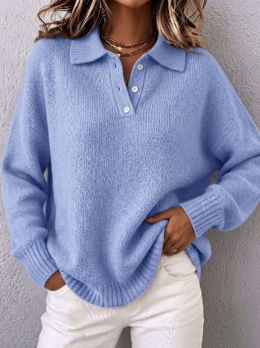 Polo Collar Button Neck Drop Shoulder Knit Sweater 7