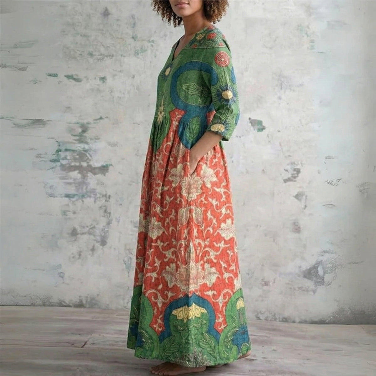 Floral Print V-Neck Long Sleeve Pocket Maxi Dress 2
