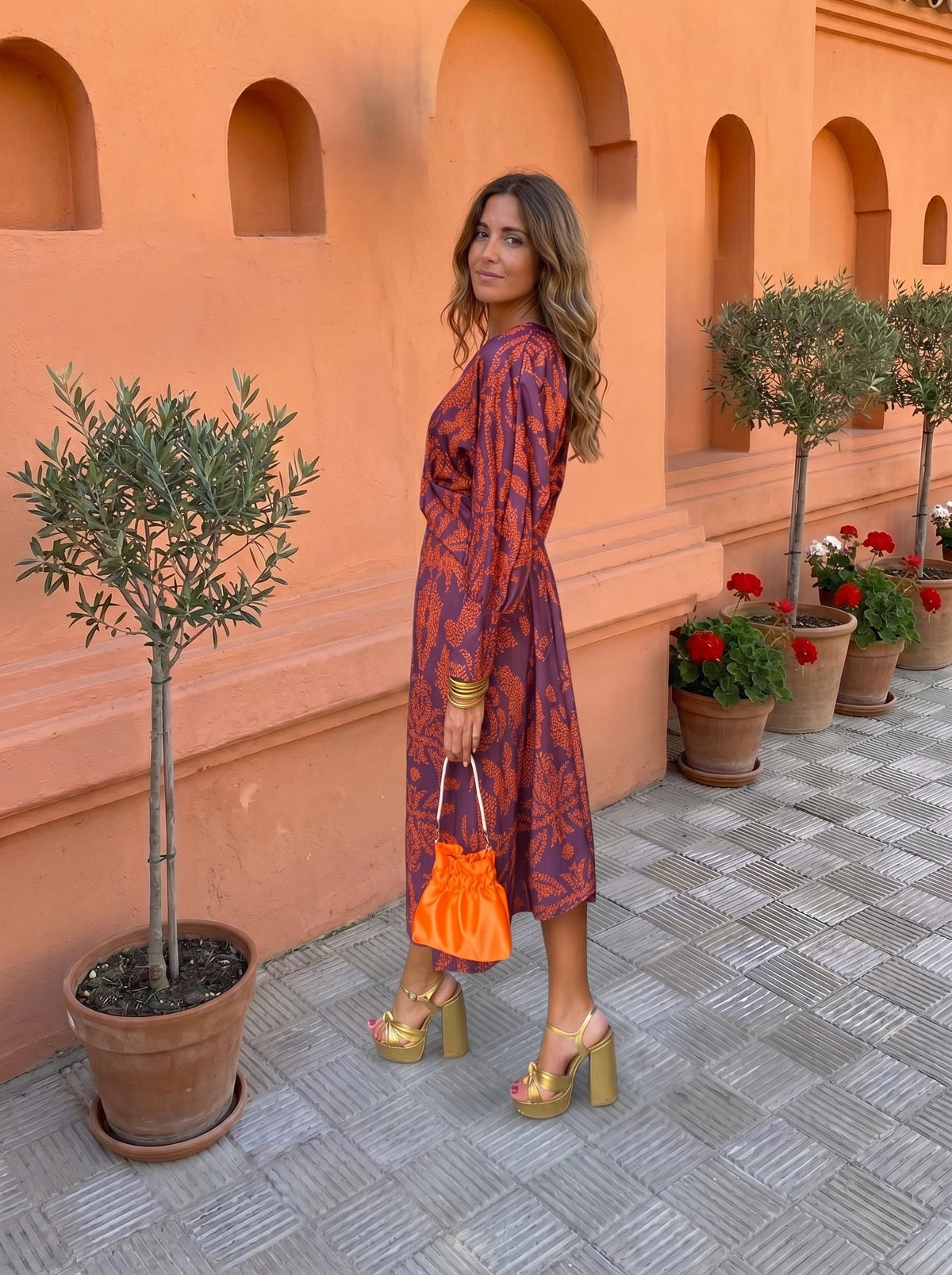 Botanical Print Deep V-Neck Twist Front Long Sleeve Midi Dress 5