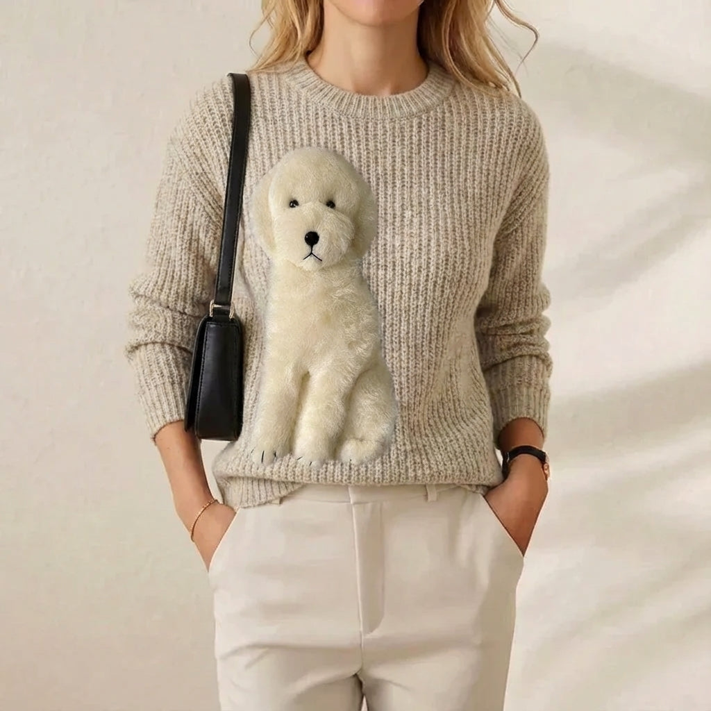 Crew Neck Fluffy Dog Applique Ribbed Knit Sweater