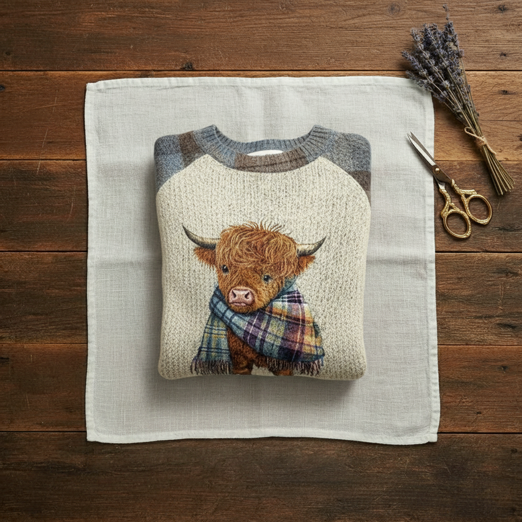 Crew Neck Highland Cow Plaid Sleeve Knit Sweater 2