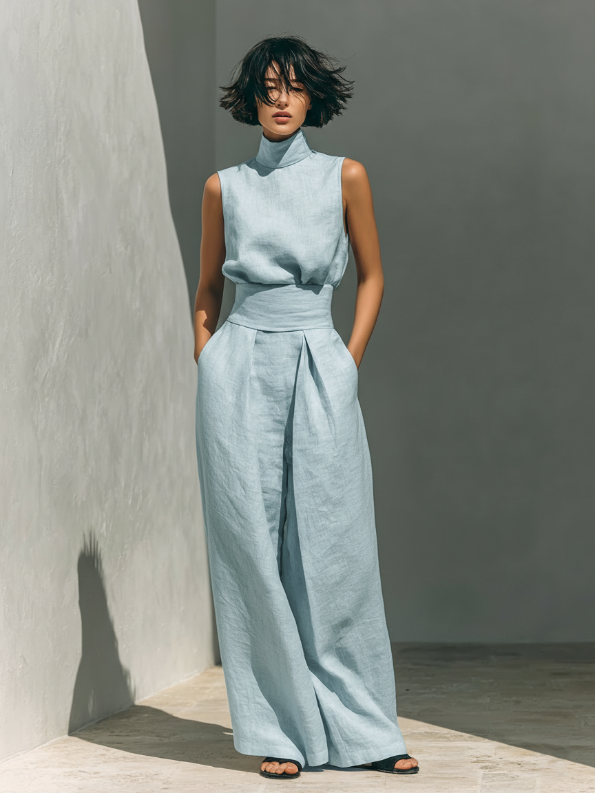 Mock Neck Sleeveless Top and Wide Leg Pants Two Piece Set 4