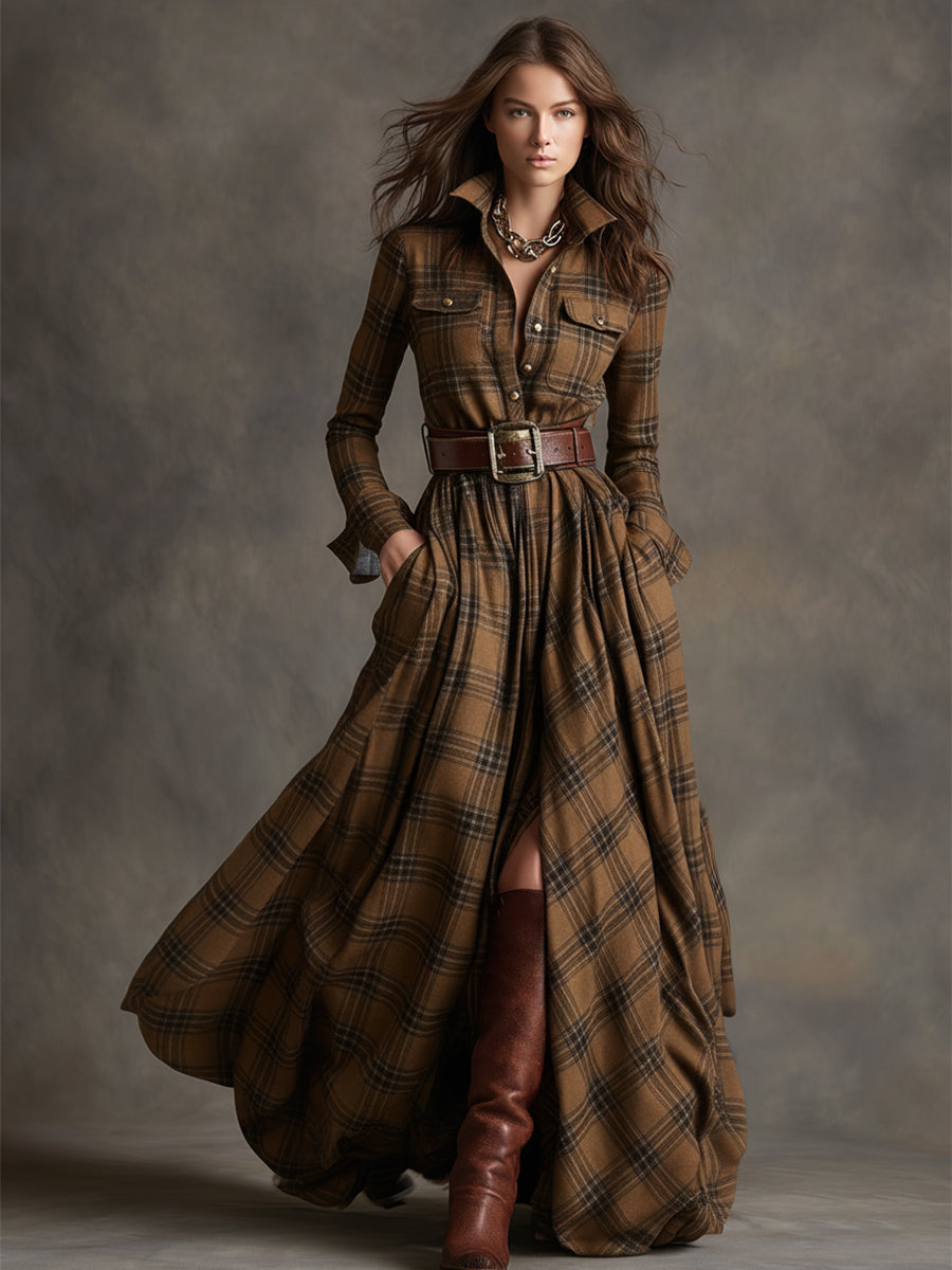Collared Long Sleeve Belted Plaid Shirt Maxi Dress 14