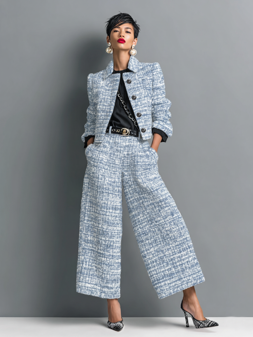 Tweed Cropped Blazer and Wide Leg Pants Two Piece Set 3