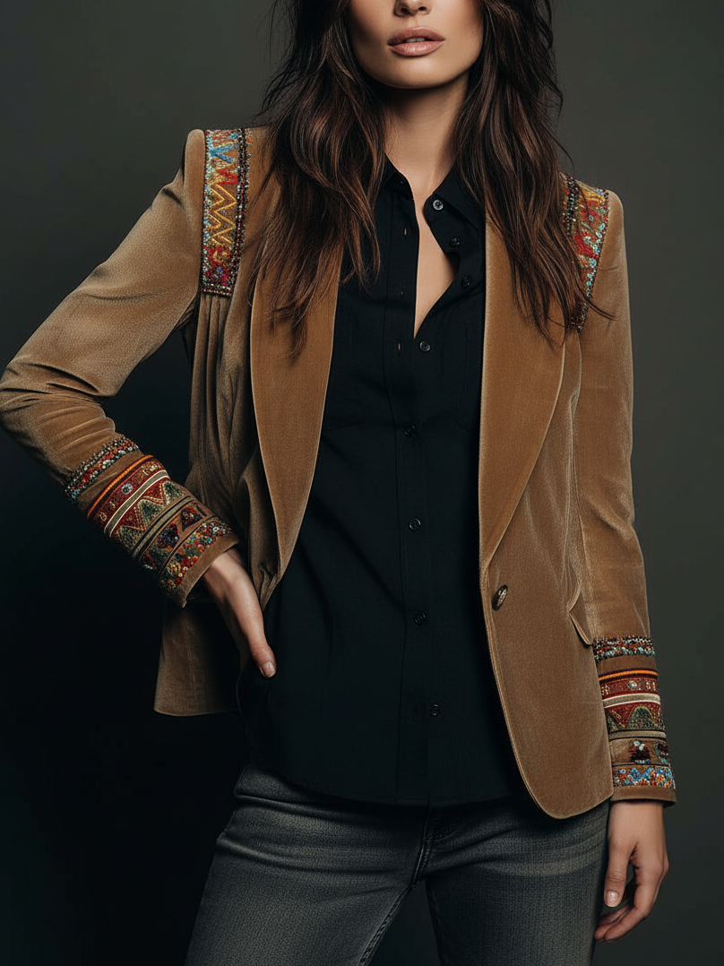 Embroidered Beaded Trim Velvet Blazer 3