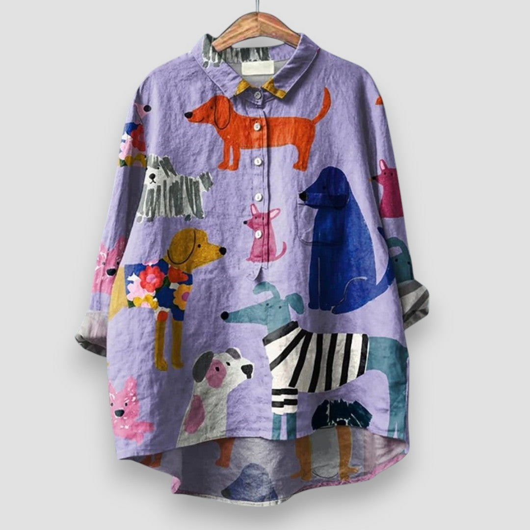 Dog Print Collared Long Sleeve Button Front High Low Shirt