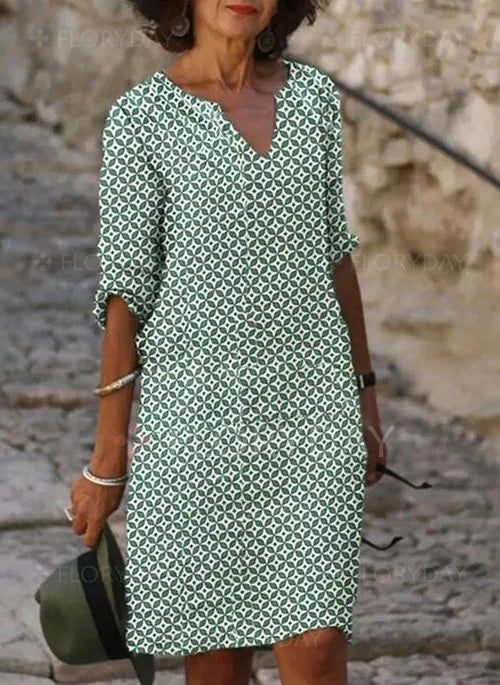 Tile Print Notched V-Neck Three Quarter Sleeve Shift Dress