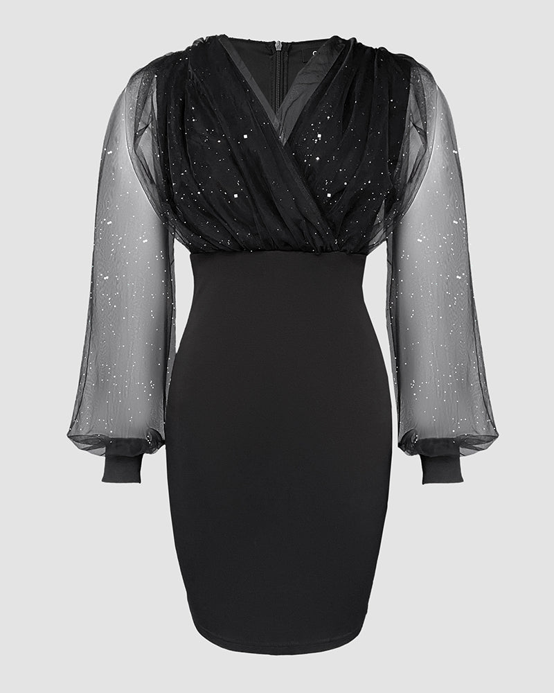 Chic Glitter Mini Cocktail Dress with Adjustable Straps and Lined Skir - View 7