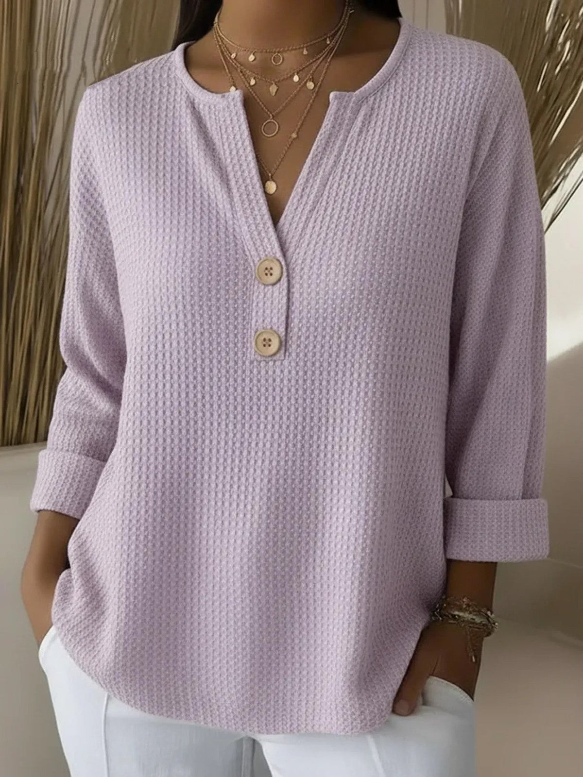 Waffle Knit Split Neck Button Henley Long Sleeve Top