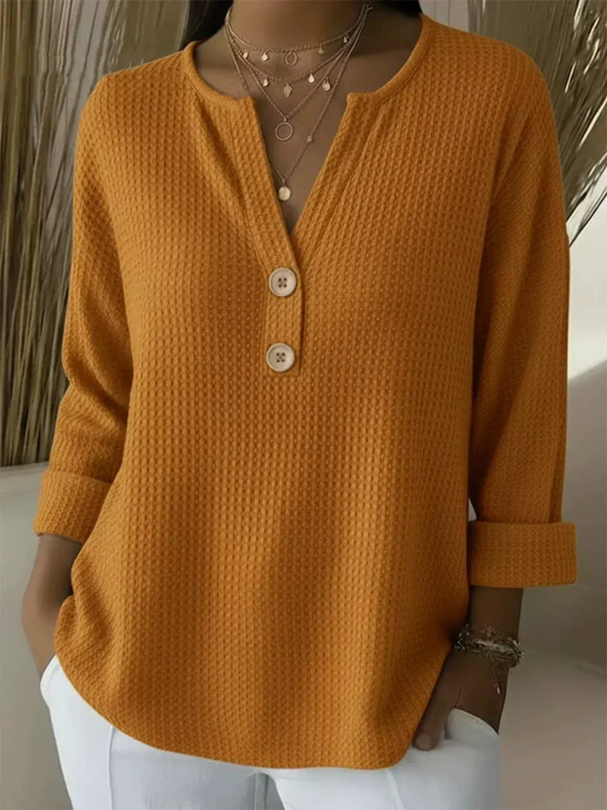 Waffle Knit Split Neck Button Henley Long Sleeve Top 4