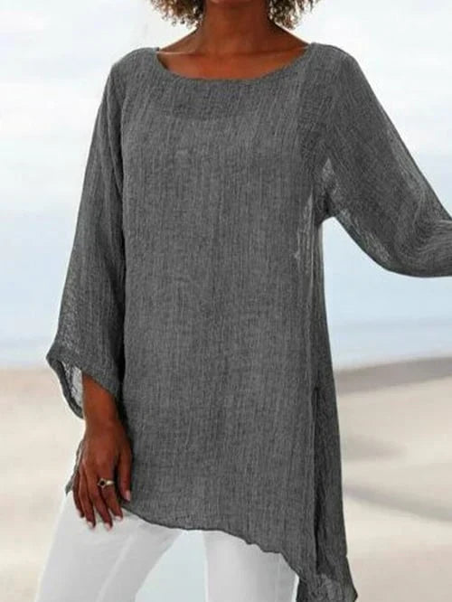Round Neck Long Sleeve Asymmetrical Hem Tunic Top 2