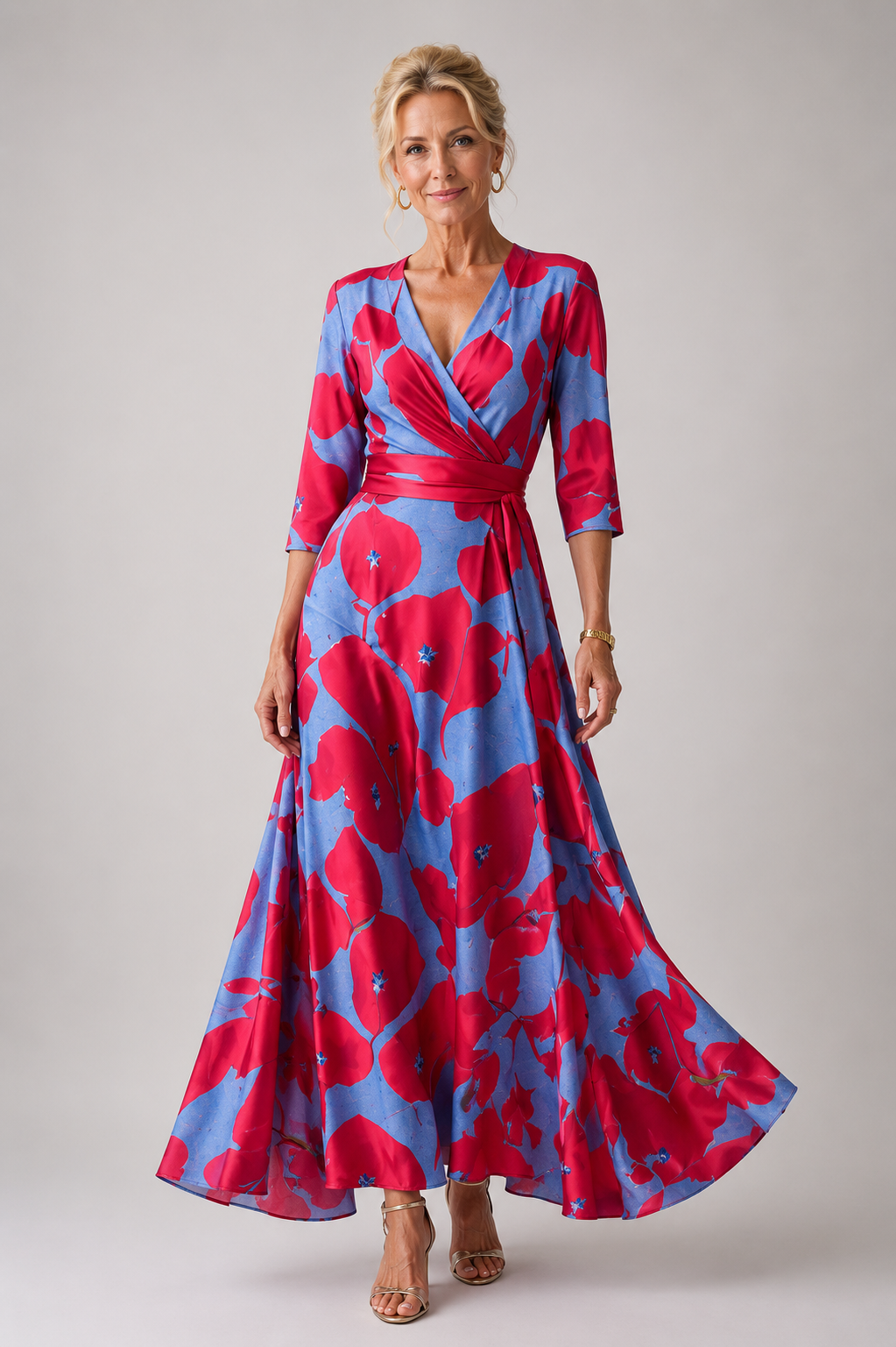 Floral V-Neck Wrap Tie Waist Maxi Dress