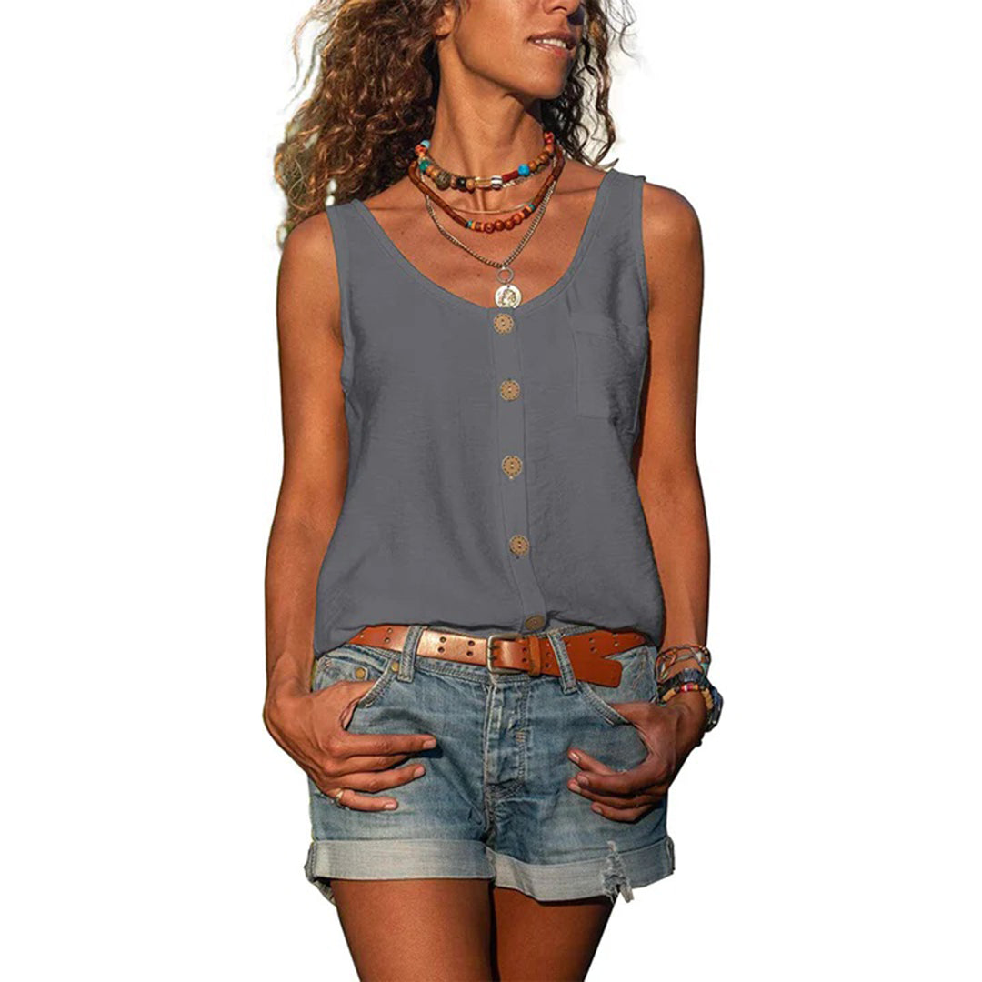 Scoop Neck Button Front Pocket Tank Top