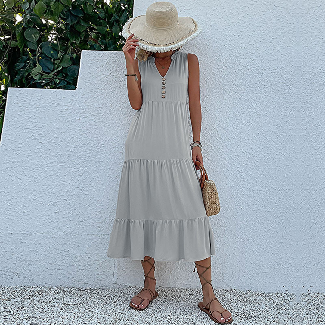 Sleeveless V-Neck Button Front Tiered Babydoll Midi Summer Dress - View 5