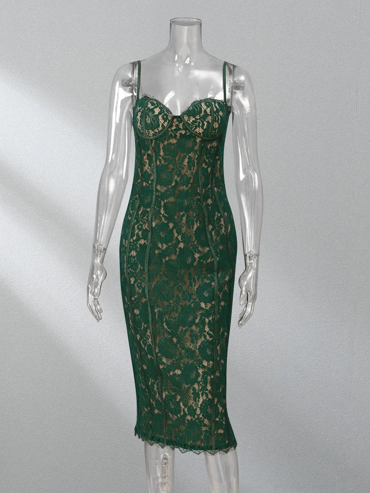 Lace Sweetheart Spaghetti Strap Corset Bodycon Midi Dress - View 4