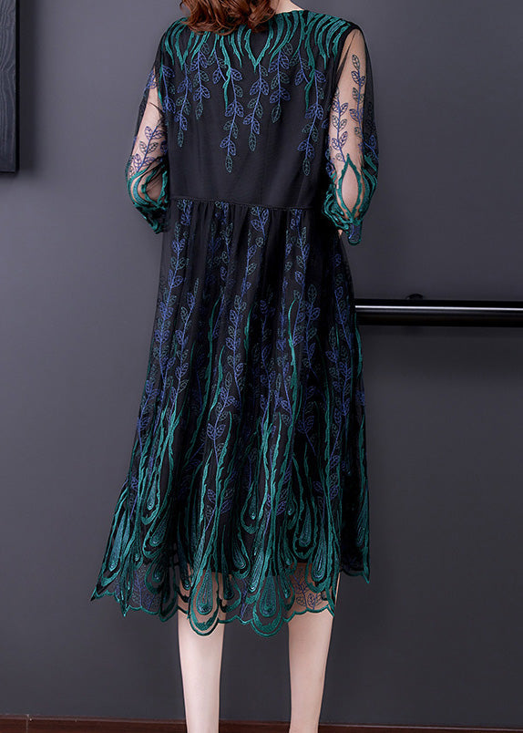 Mesh Crew Neck Three Quarter Sleeve Peacock Embroidery Midi Dress - View 4
