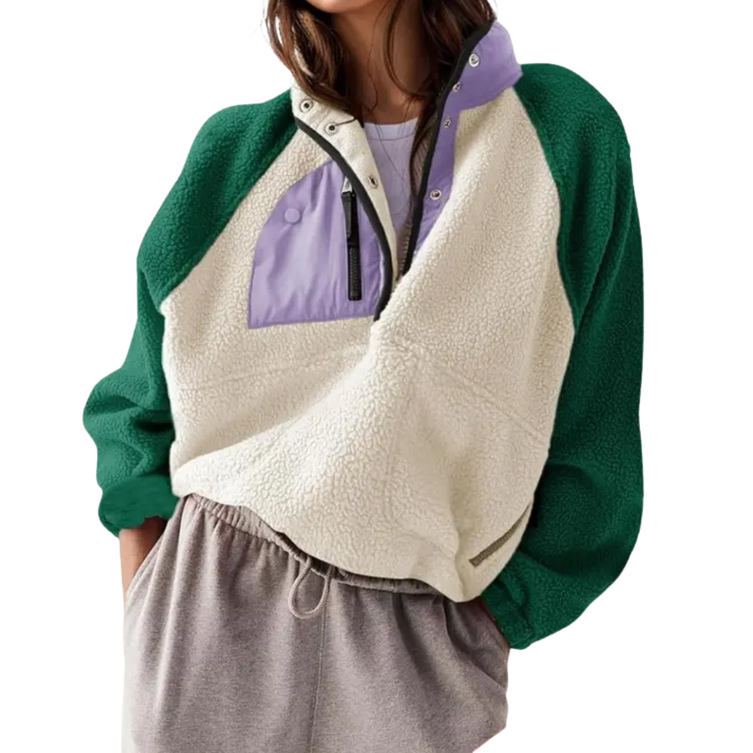 Stand Collar Snap Button Zip Pocket Oversized Sherpa Fleece Pullover 8