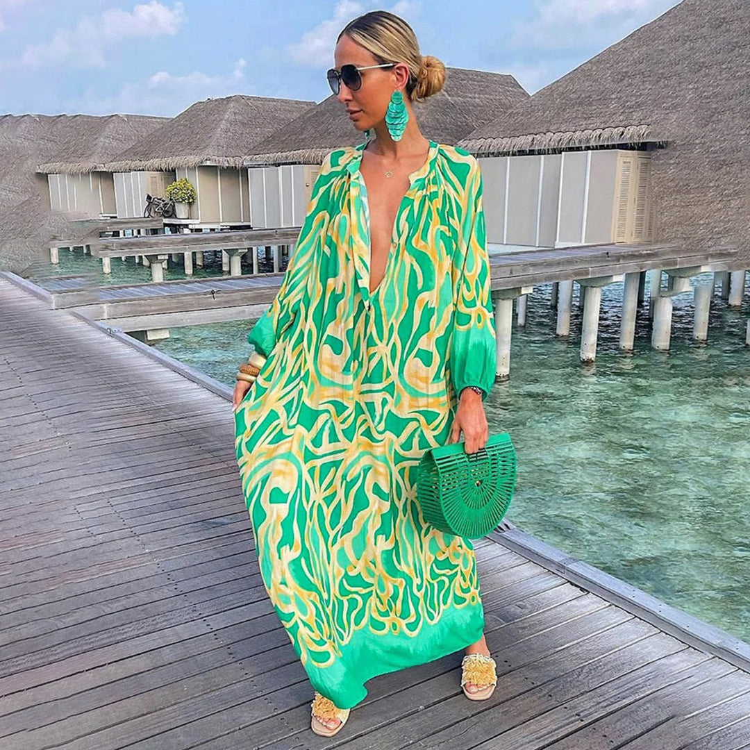 Abstract Swirl Print Deep V-Neck Balloon Sleeve Kaftan Maxi Dress