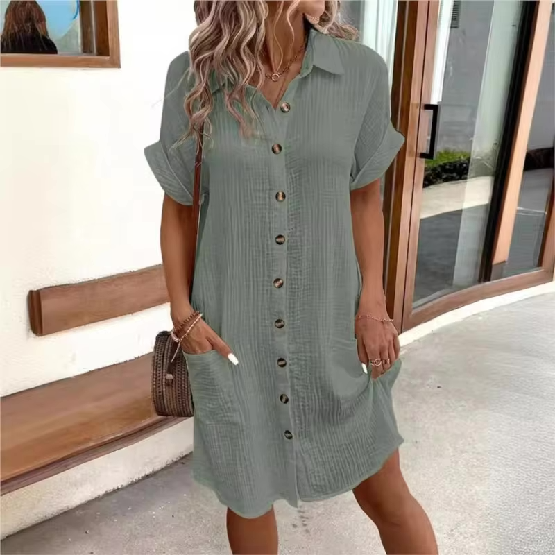 Textured Gauze Button Front Short Sleeve Shirt Dress 26