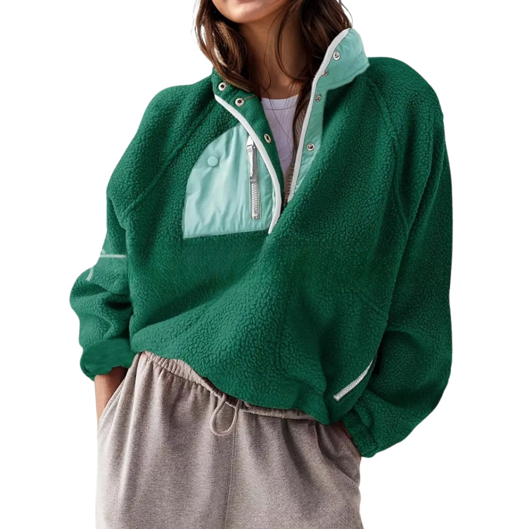Stand Collar Snap Button Zip Pocket Oversized Sherpa Fleece Pullover 7