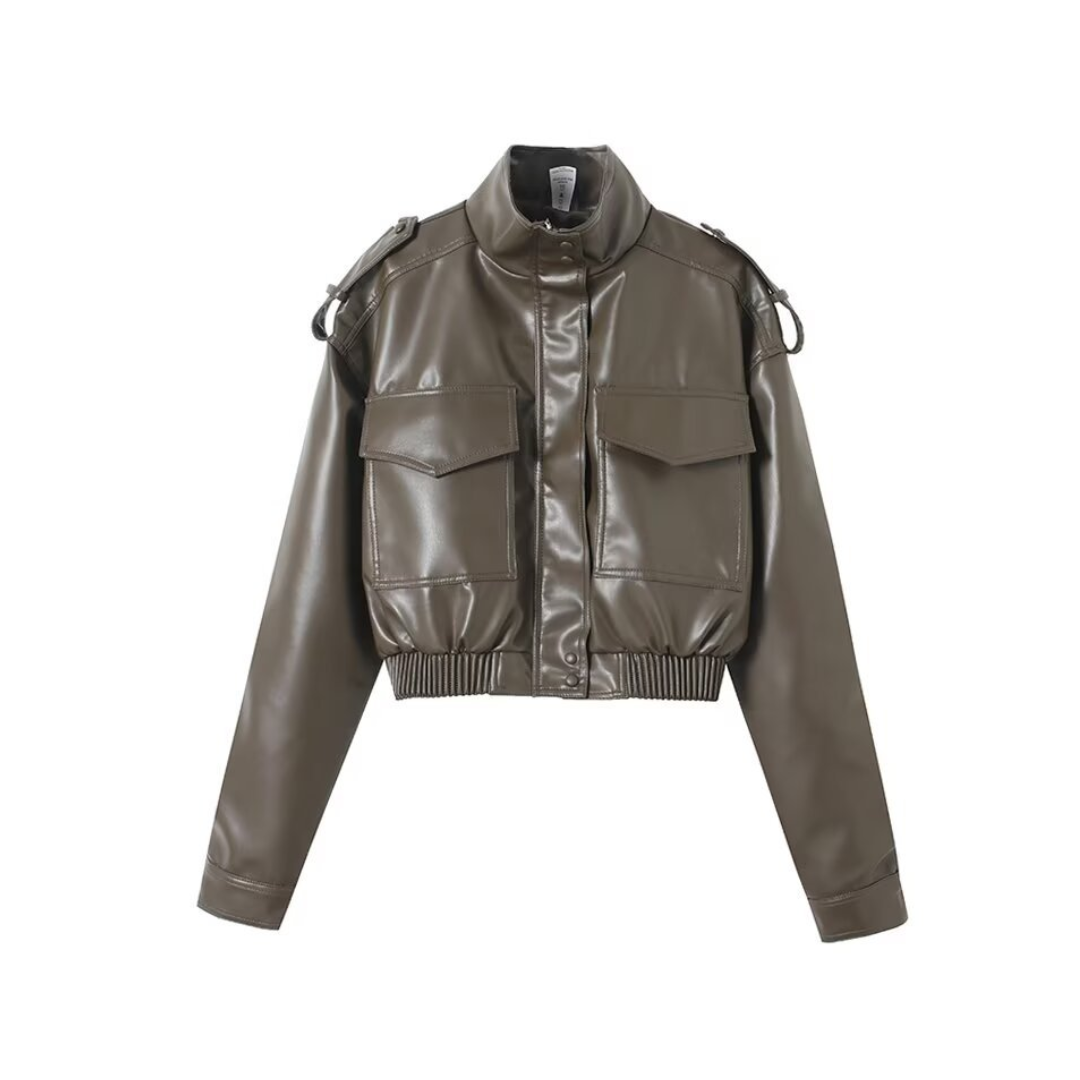 Zip Front Cropped Faux Leather Bomber Jacket