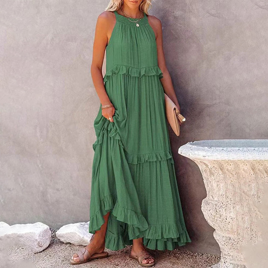 Halter Neck Shirred Tiered Ruffle Maxi Dress - View 3
