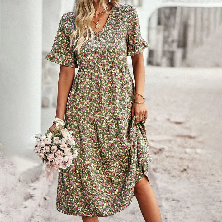 V-Neck Flutter Sleeve Floral Tiered Midi Dress - View 5