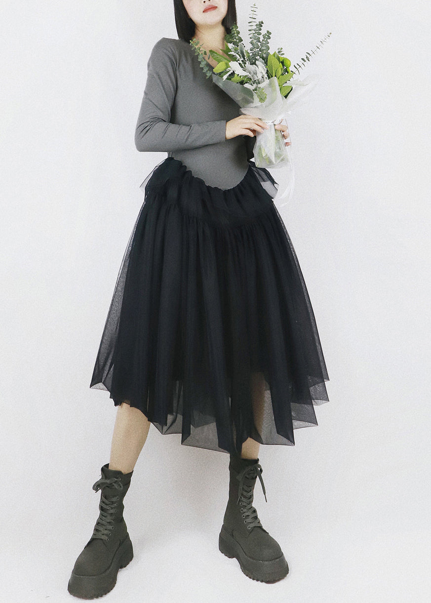 Faux Two-Piece Scoop Neck Long Sleeve Tulle Tiered Midi Dress - View 4