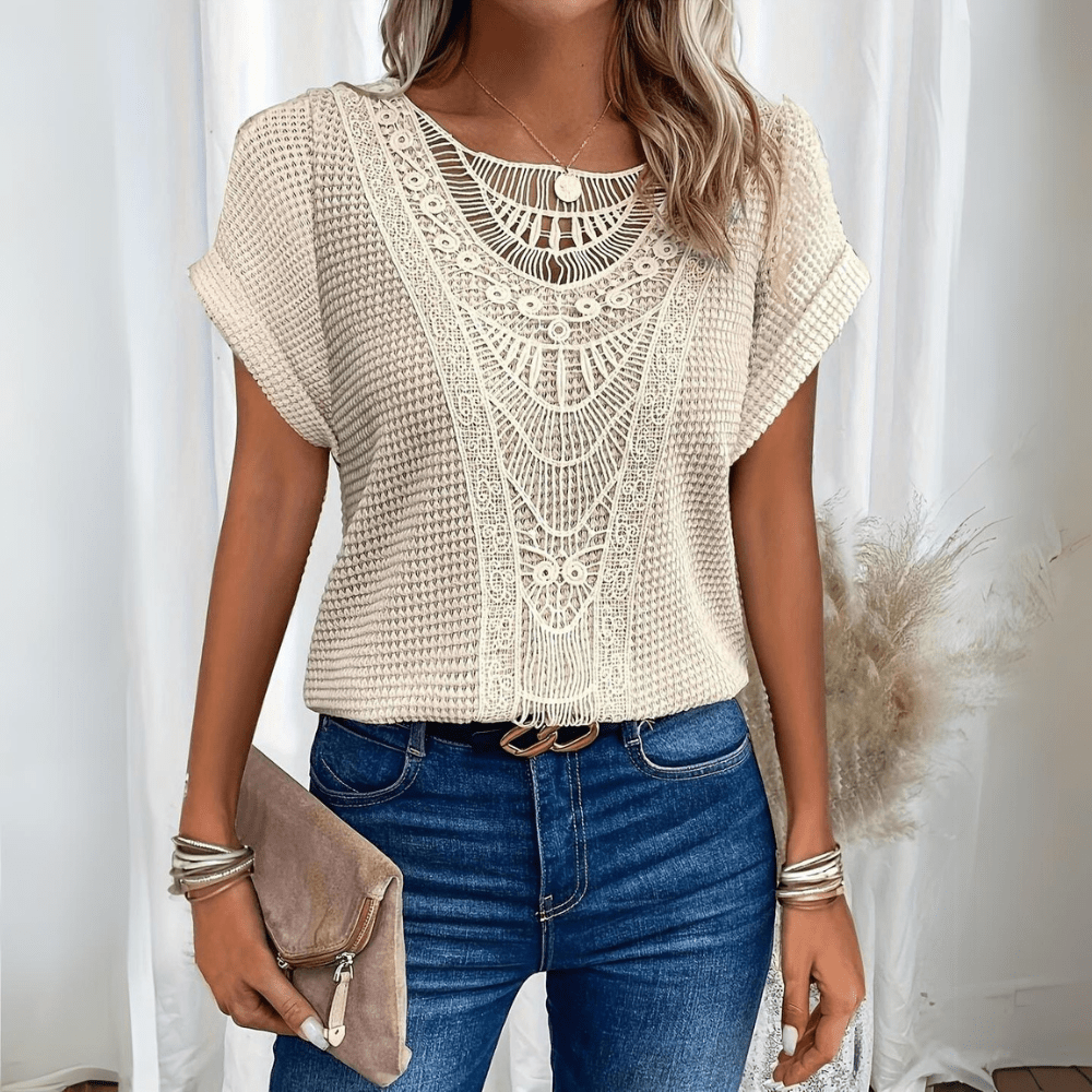 Crochet Lace Panel Short Sleeve Knit Top 3