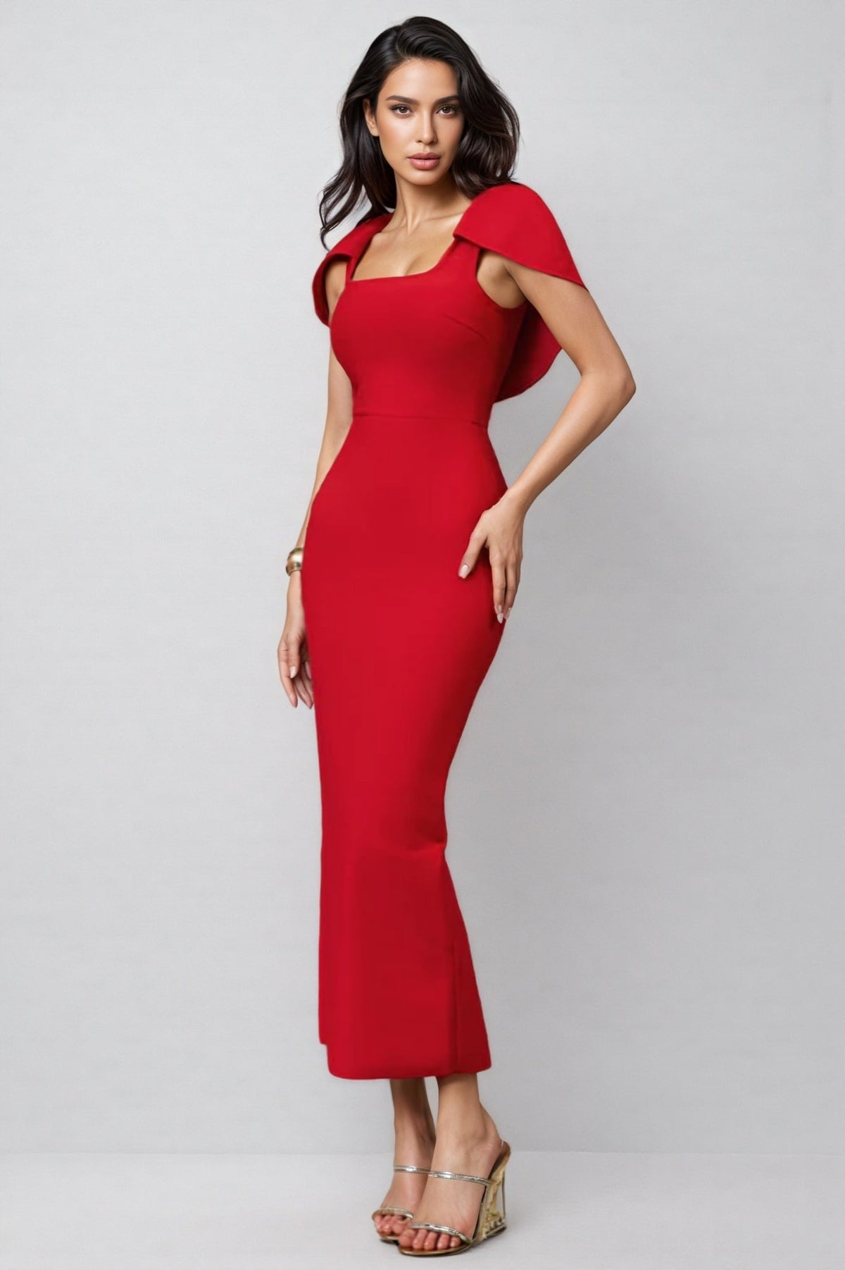 Square Neck Cape Sleeve Bodycon Ankle Length Maxi Dress - View 2