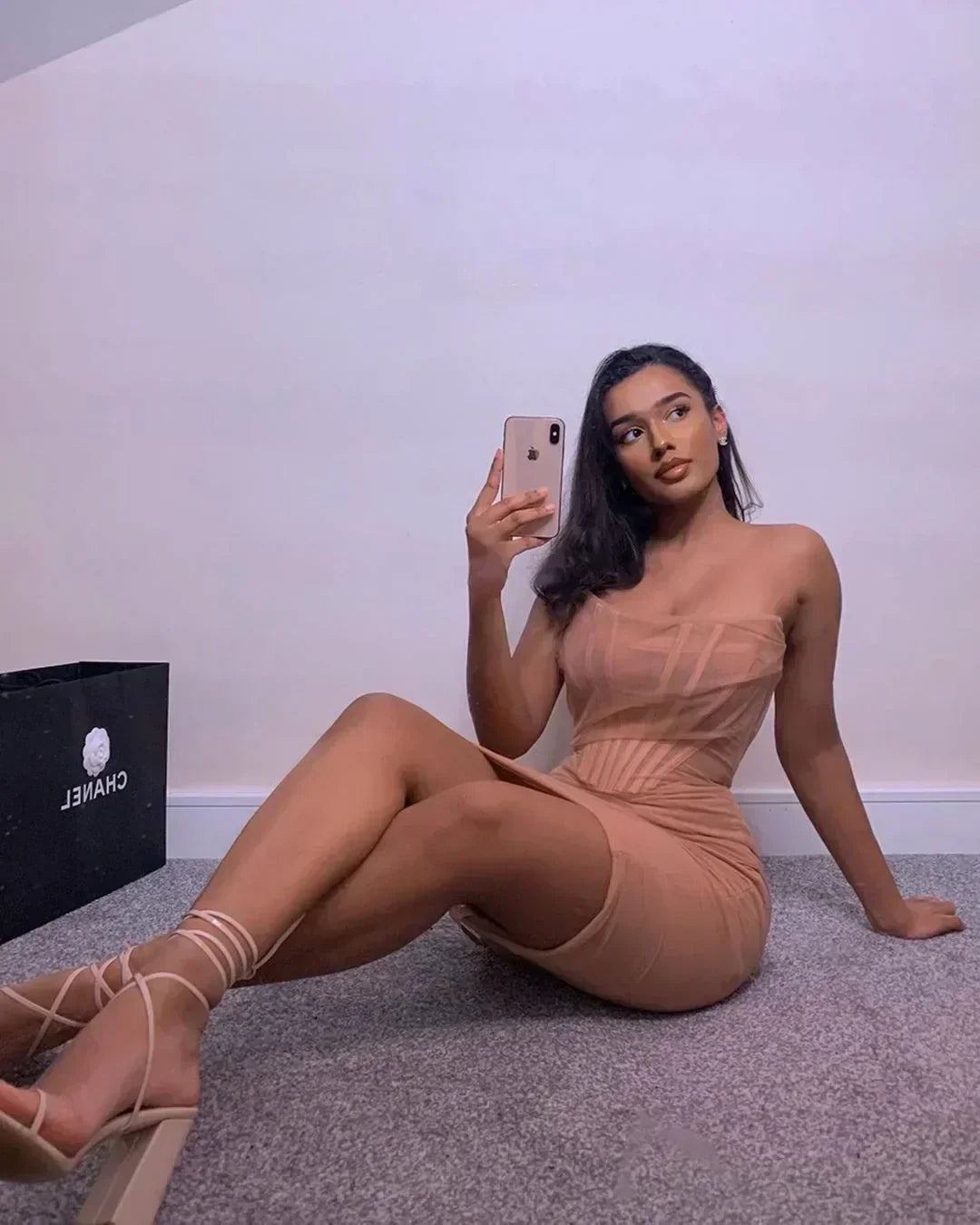 Mesh Strapless Corset Ruched Bodycon Mini Dress in Pink - View 8