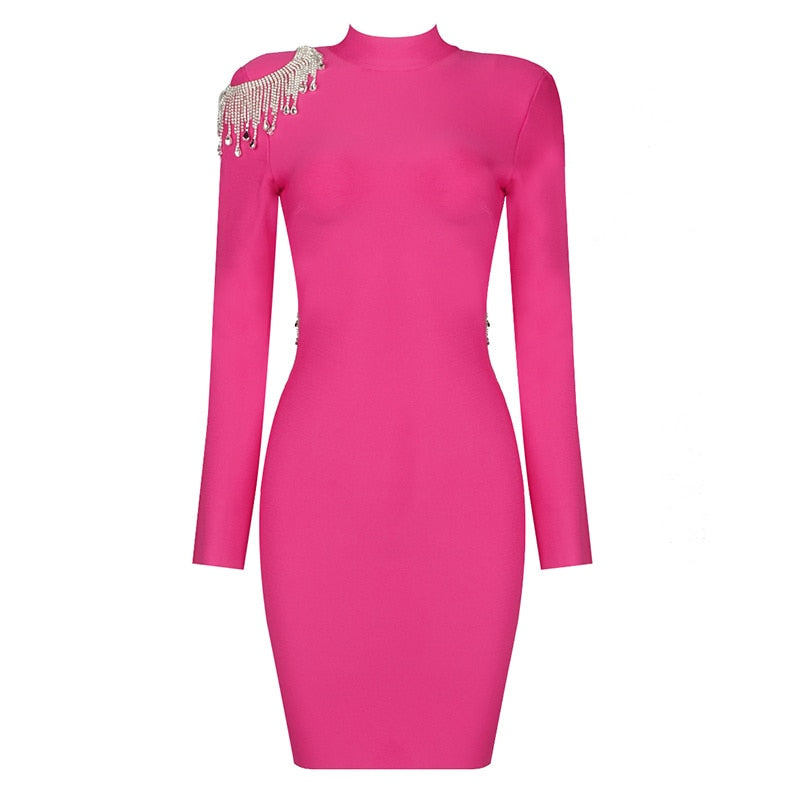 Mock Neck Long Sleeve Backless Rhinestone Fringe Bandage Mini Dress 38