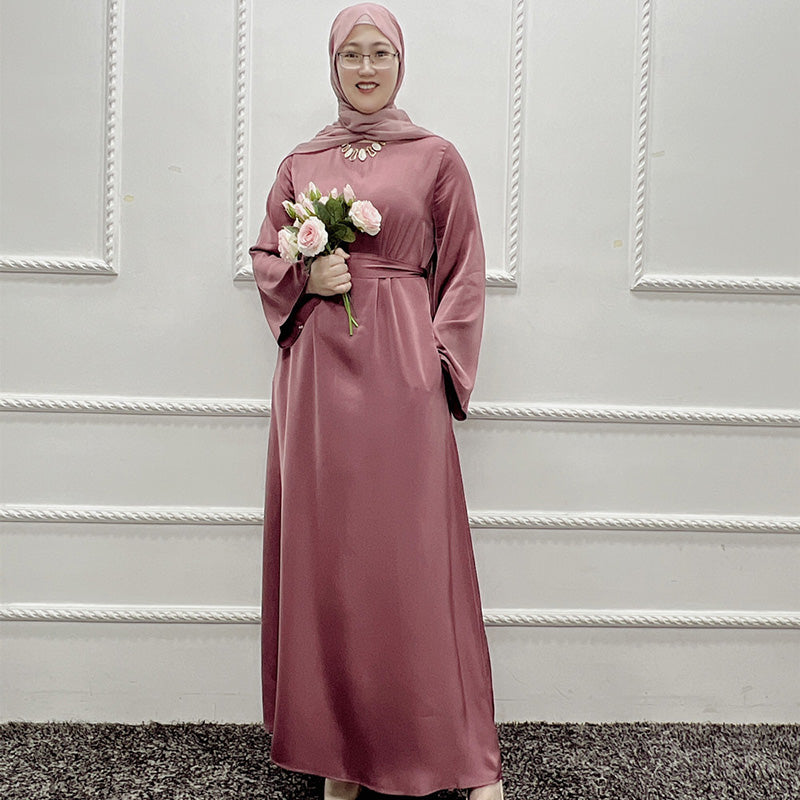 Satin Crew Neck Bell Sleeve Sash Tie A-Line Maxi Gown