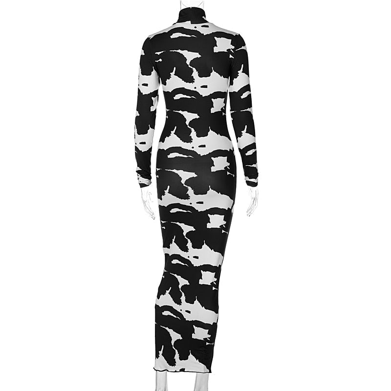 Turtleneck Long Sleeve Cow Print Bodycon Maxi Dress 6