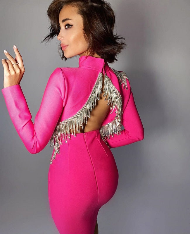 Mock Neck Long Sleeve Backless Rhinestone Fringe Bandage Mini Dress 26