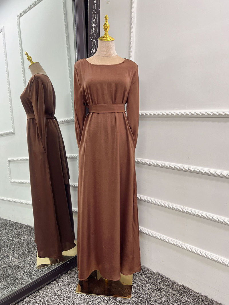 Satin Crew Neck Bell Sleeve Sash Tie A-Line Maxi Gown - View 4