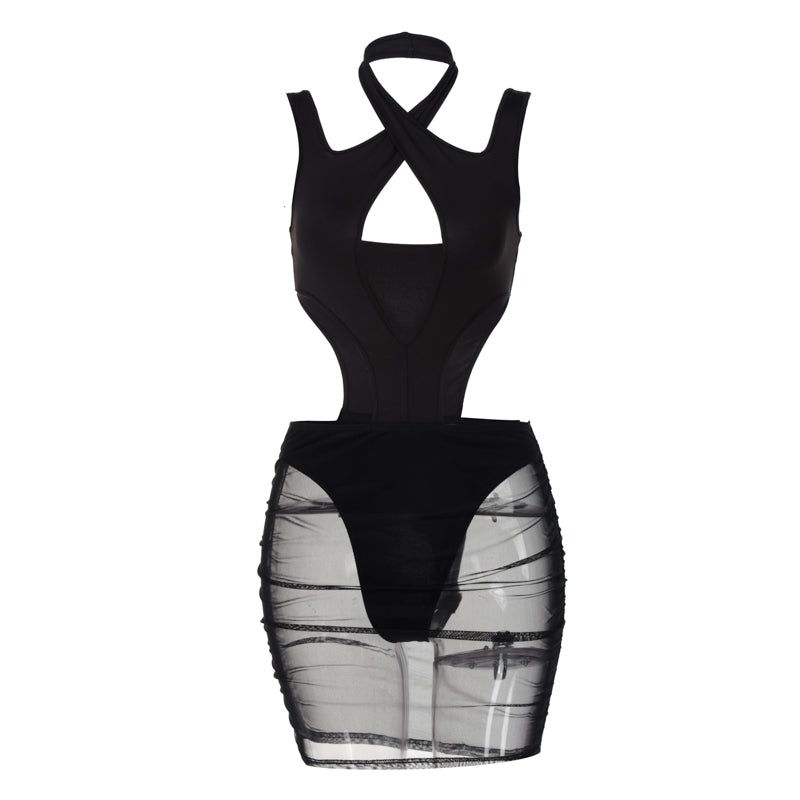 Halter Neck Mesh Cut Out Mini Dress - View 5