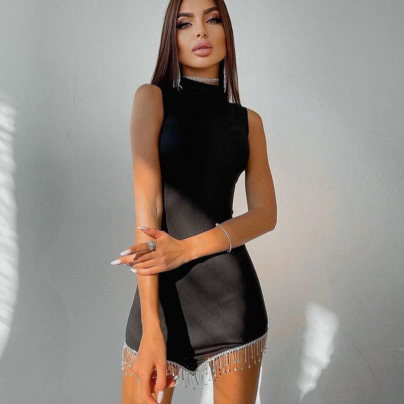 High Neck Sleeveless Rhinestone Fringe Bodycon Mini Dress in Black - View 8