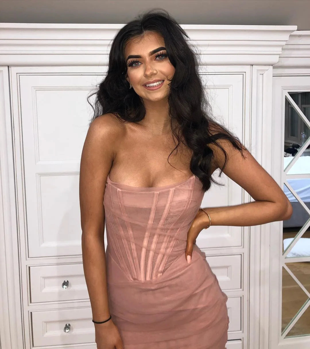 Mesh Strapless Corset Ruched Bodycon Mini Dress in Pink - View 15