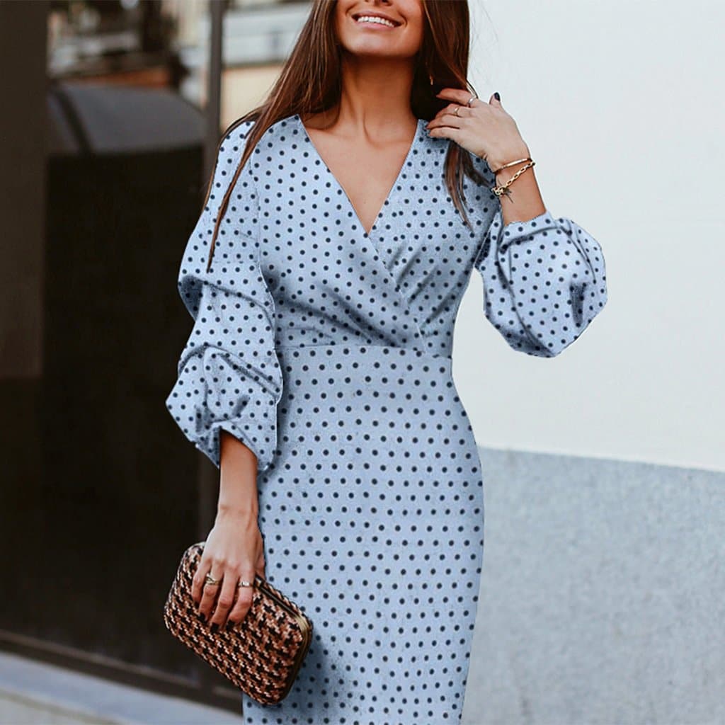 Polka Dot Surplice V-Neck Puff Sleeve Bodycon Mini Dress - View 5