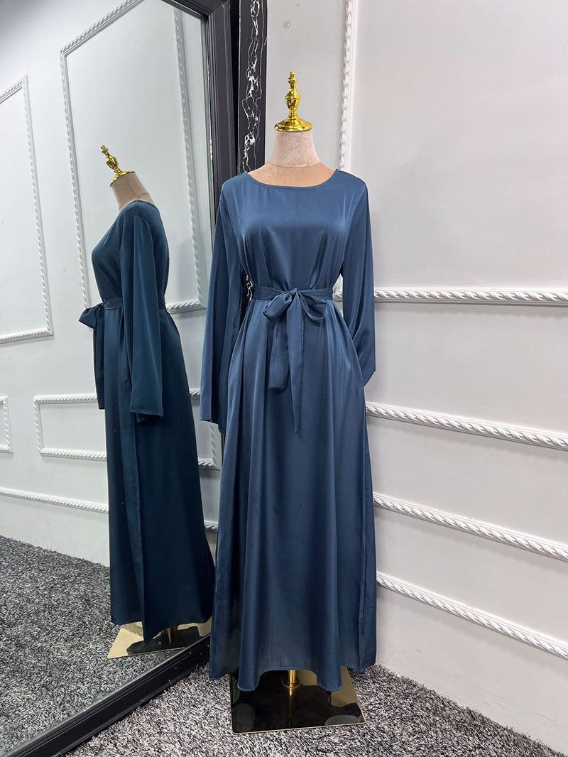 Satin Crew Neck Bell Sleeve Sash Tie A-Line Maxi Gown - View 3