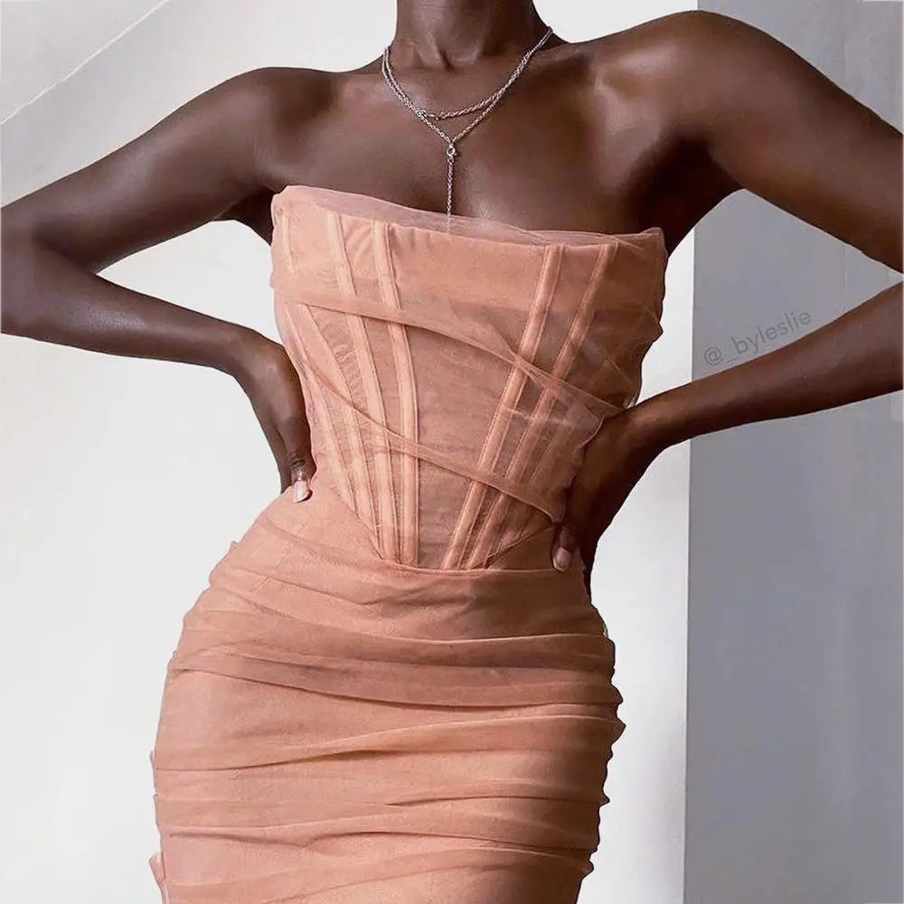 Mesh Strapless Corset Ruched Bodycon Mini Dress - View 2