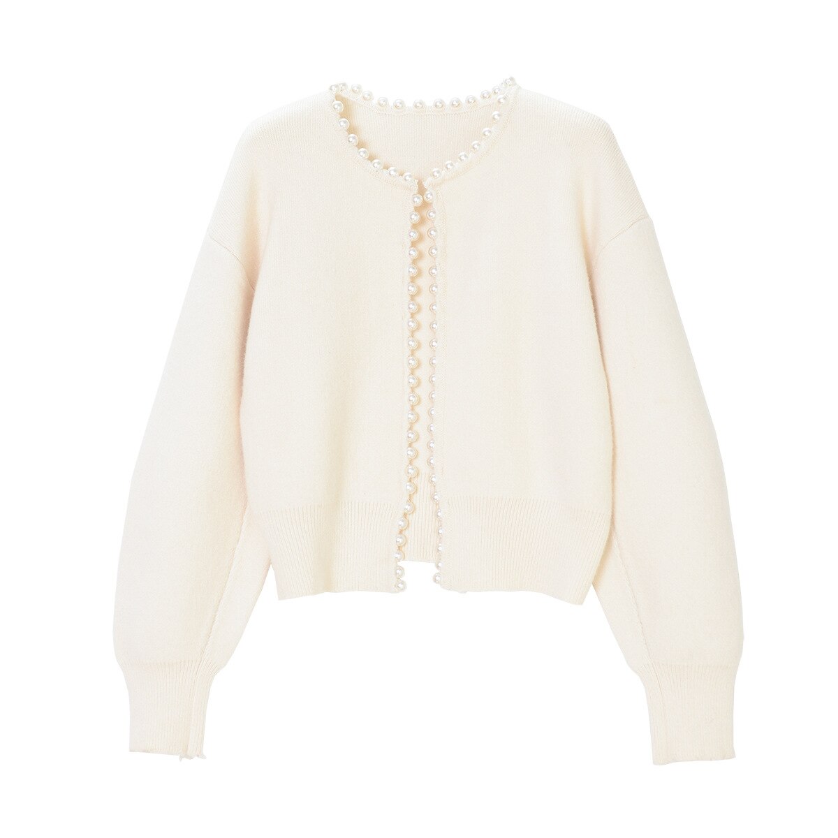 Faux Pearl Trim Round Neck Balloon Sleeve Knit Cardigan 4