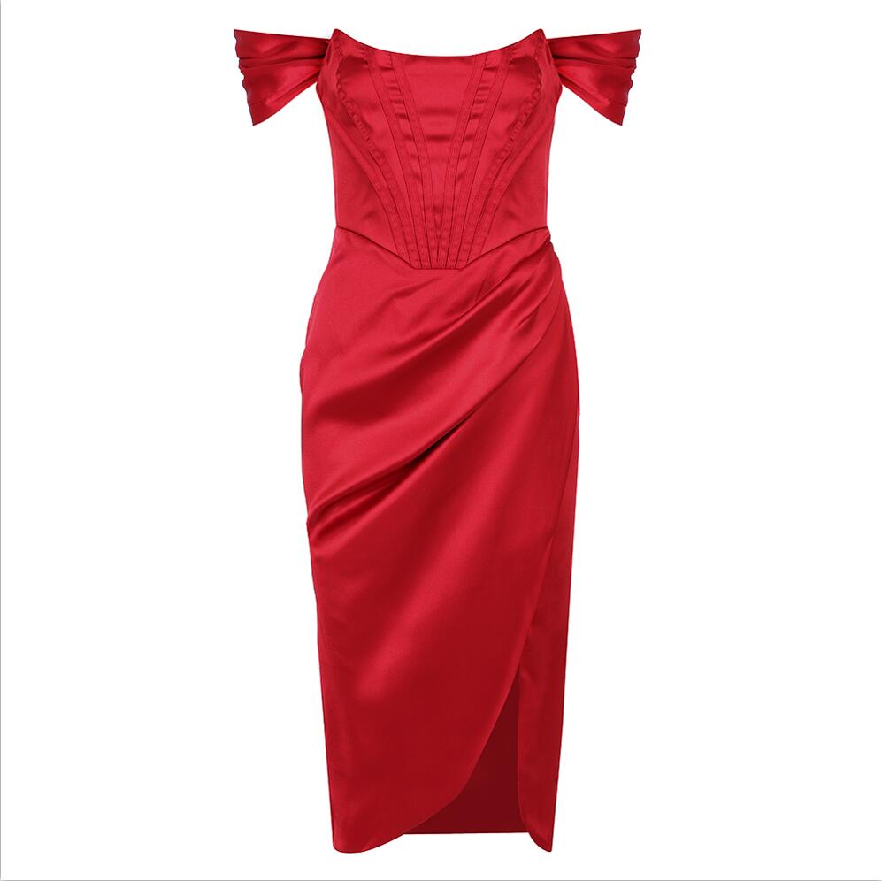 Satin Off Shoulder Sweetheart Corset High Split Bodycon Mini Dress - View 22