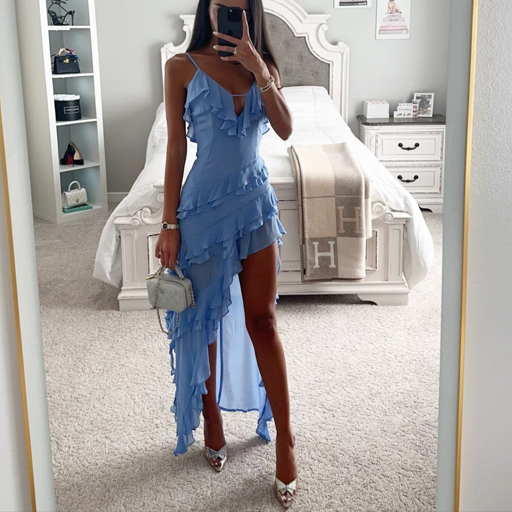V-Neck Spaghetti Strap Ruffle Tiered Asymmetric Maxi Dress