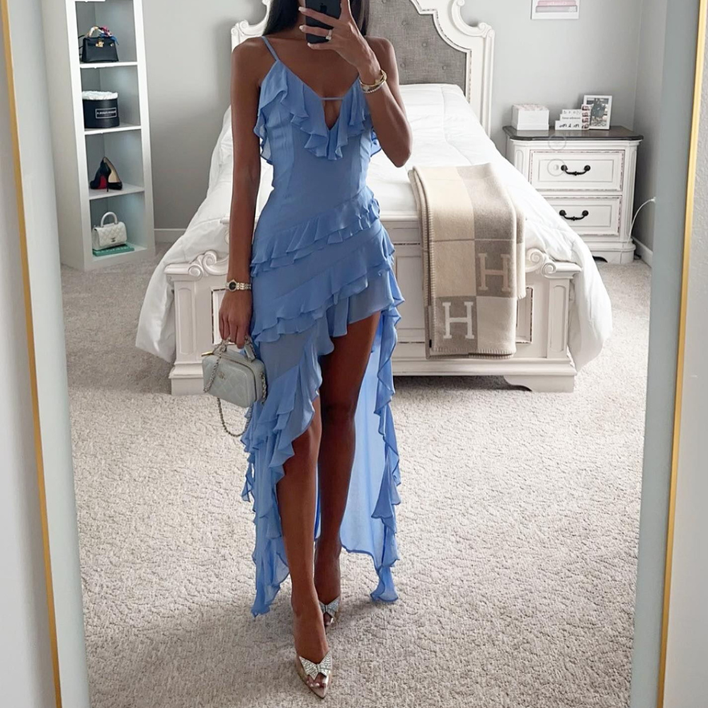 V-Neck Spaghetti Strap Ruffle Tiered Asymmetric Maxi Dress 2