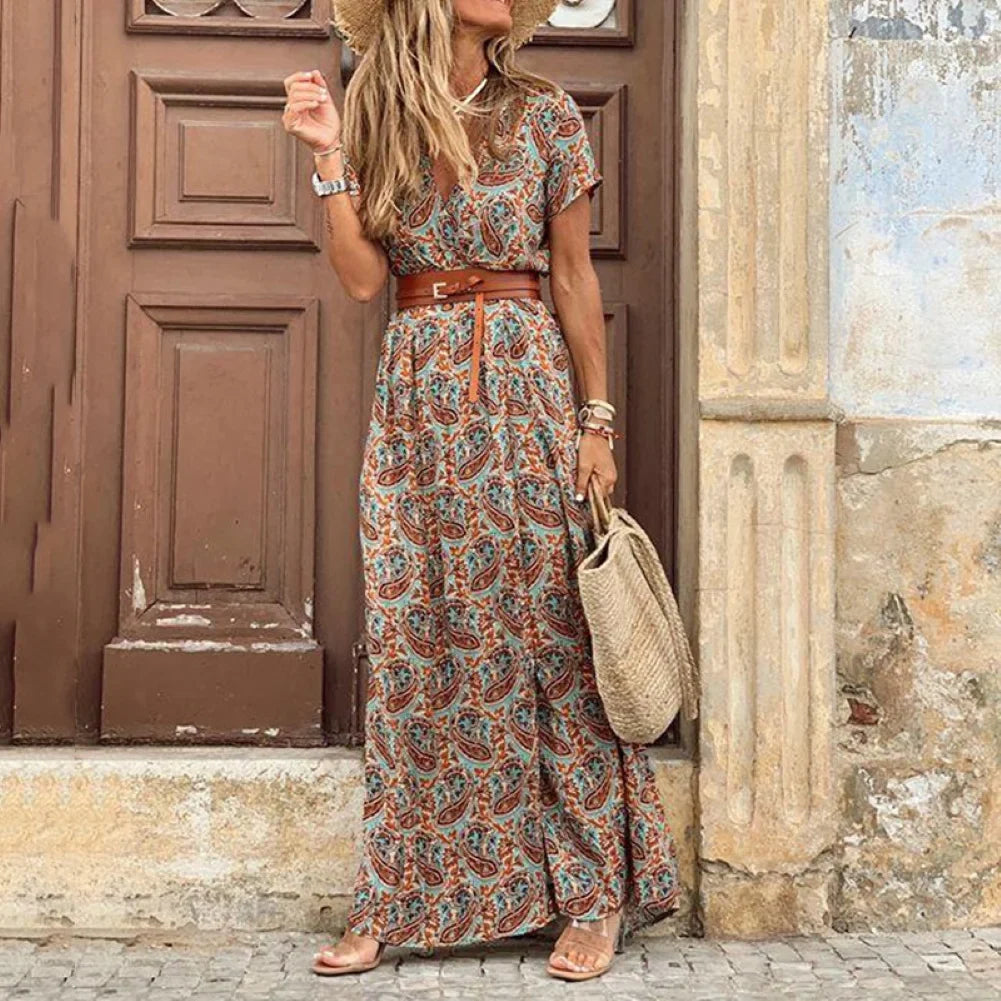 V-Neck Short Sleeve Paisley Print Belted Flowy Maxi Dress - View 5