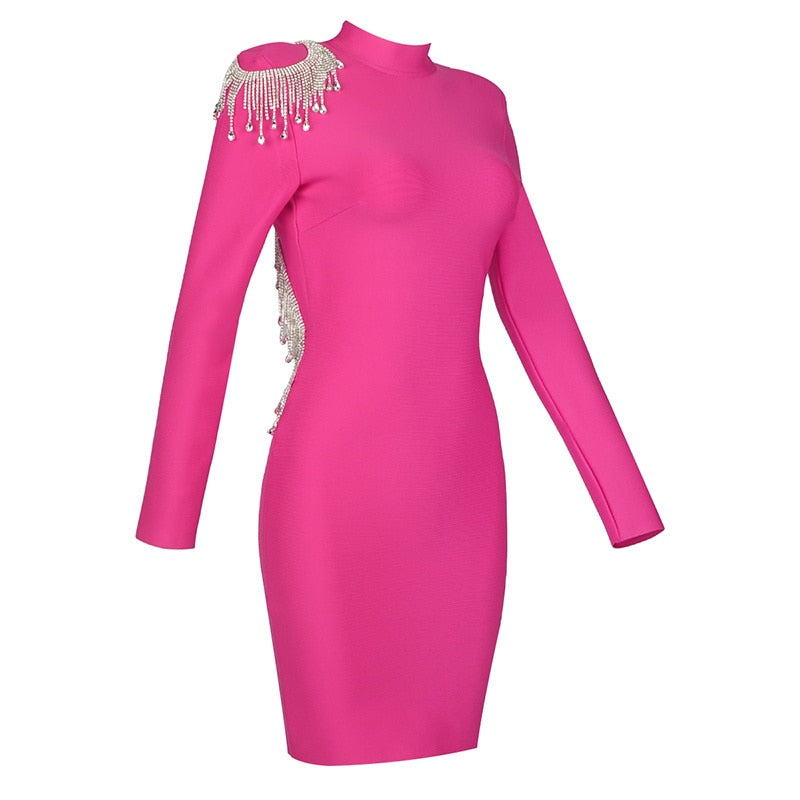 Mock Neck Long Sleeve Backless Rhinestone Fringe Bandage Mini Dress 39